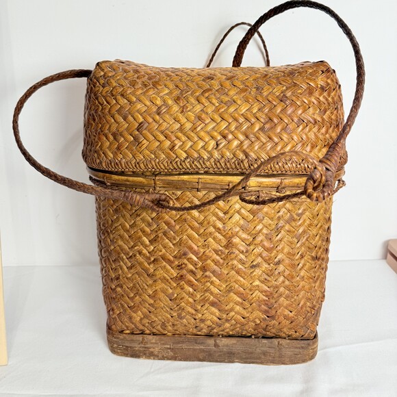 Vintage Filipino Rattan Woven Brown Handmade Wicker Basket